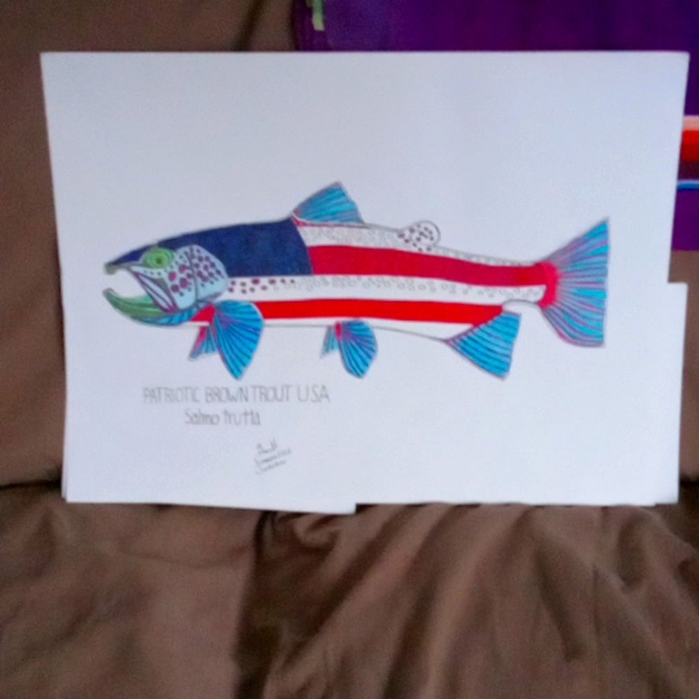 Abstract Brown Trout Hand Drawn pen and ink Poster.